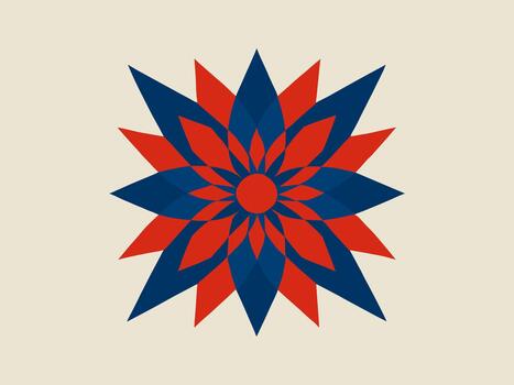 Abstract geometric flower illustration with overlapping red and navy blue petals arranged in a symmetrical radial pattern on a light beige background vector