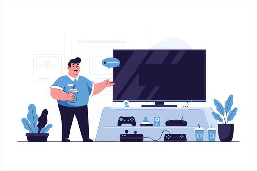 Man Presenting Large Smart TV and Gaming Console Setup vector