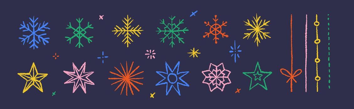 Snowflake line in outline draw style. Minimalist winter symbols. Chalk or pencil drawing of a set of stars elements. Christmas and New Year design. vector