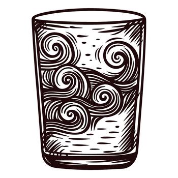 Hand drawn glass of water with swirling abstract patterns isolated on white background vector