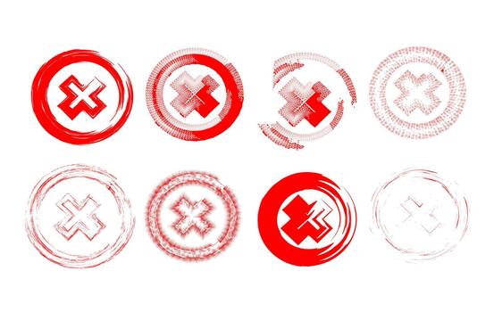 A collection of red grunge style X marks inside circles, featuring rough, distressed textures for creative design projects. vector