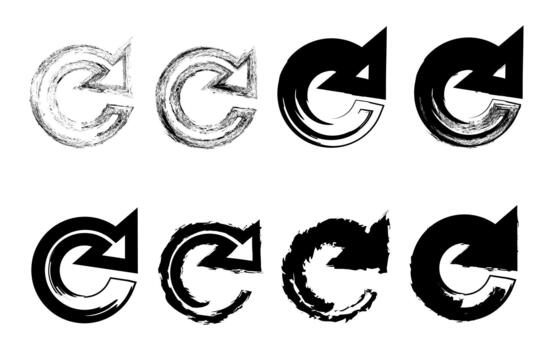 Set of grunge textured refresh and rotate arrow icons featuring rough brush effects perfect for UI design, branding, posters and creative artwork vector