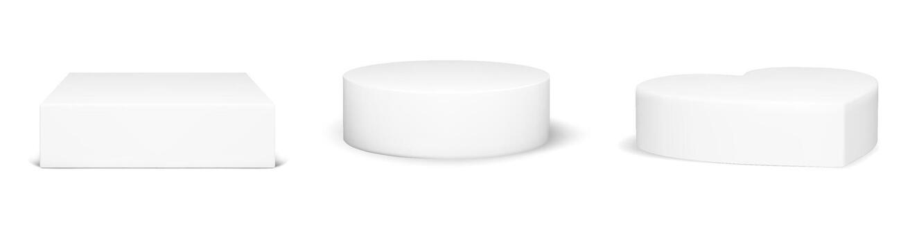 White 3d podium platform set with heart, cylinder and cube shape for product display. Round circle pedestal, square box and love base in minimal realistic style. Studio rendering isolated vector
