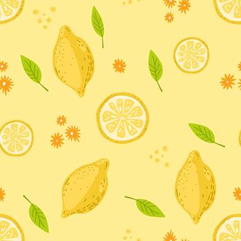 A yellow background with a pattern of lemons and leaves vector