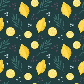 Seamless pattern with lemons, lemon slices and green branches with leaves on dark green background. illustration. vector
