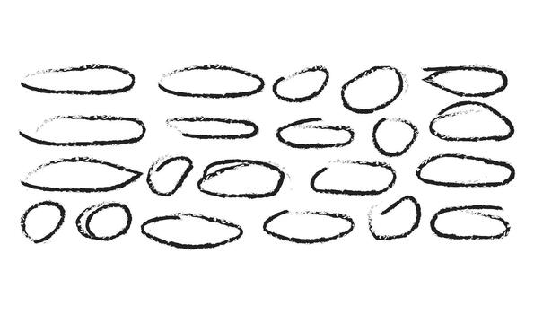 Hand-Drawn Oval Texture Set icon. Irregular Black Brushstroke Shapes in Grid Layout. Oval marker frames. Rough hand drawn oval shapes in black ink with grunge texture sketchy style. doodle vector