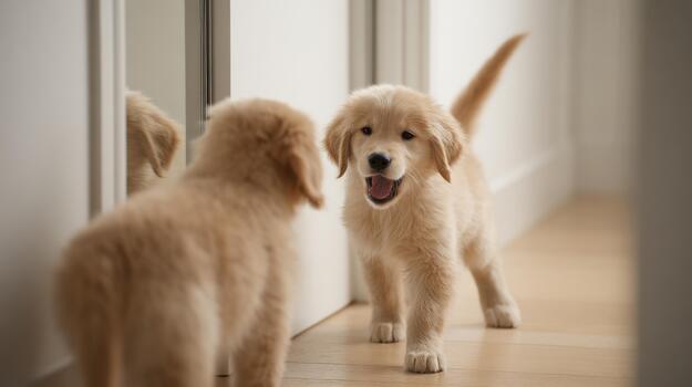 Golden Retriever Puppy Looking At Reflection In Mirror. Playful Puppy Exploring Its Surroundings photo