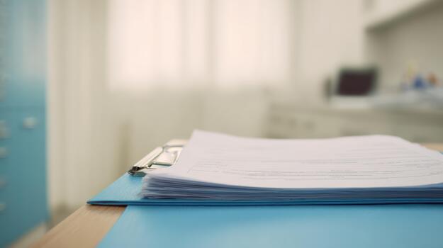 Stack Of Documents On Clipboard In Office Setting. Organized Paperwork For Administrative Tasks photo