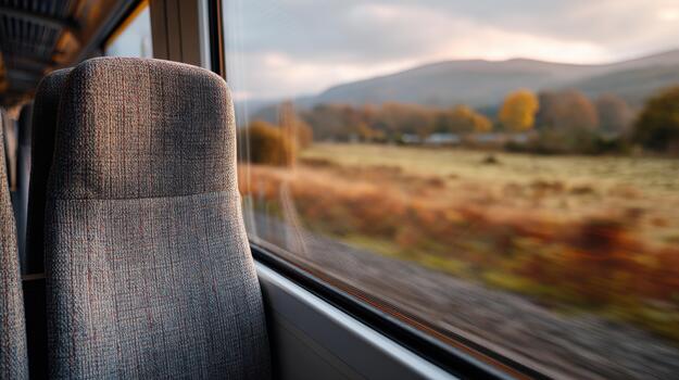 Train Seat With Scenic Countryside View Through Window. Serene Travel Experience And Landscape Appreciation photo