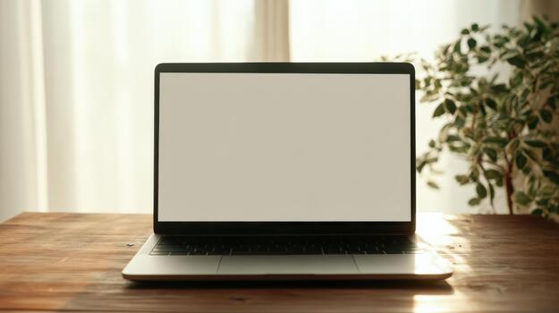 Open Laptop With Blank Screen On Wooden Desk In Sunlit Room. Ideal For Remote Work Or Online Learning photo