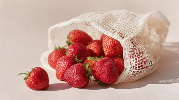 Fresh Strawberries In Reusable Mesh Bag On Light Background. Promoting Sustainable Shopping And Healthy Eating photo