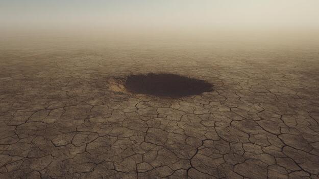 Desolate Cracked Desert Landscape With Large Sinkhole. Symbol Of Drought And Environmental Challenges photo