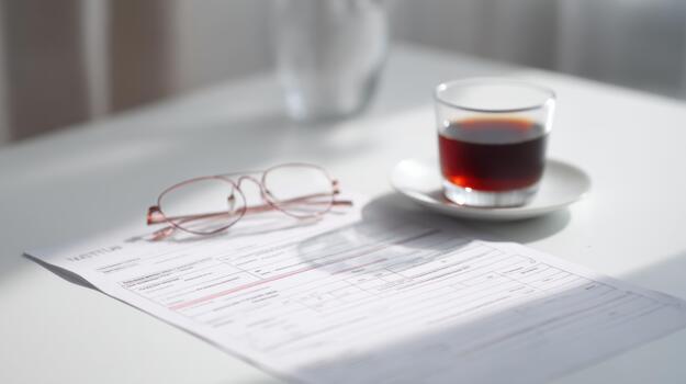 Glasses Resting On A Document Beside A Cup Of Tea On A White Table. Office Work And Relaxation photo