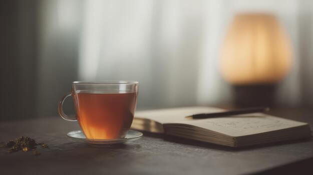 Glass Cup Of Tea With Open Notebook And Pen On Table. Cozy Atmosphere For Writing And Reflection photo
