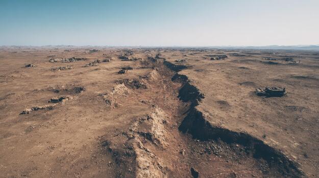 aéreo ver de estéril Desierto paisaje con profundo fisura. geológico formaciones y erosión patrones foto