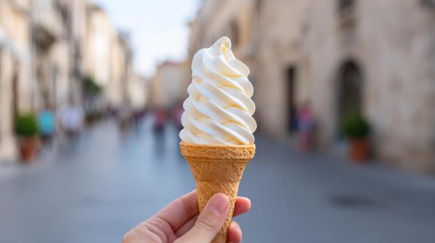 Soft Serve Ice Cream Cone Held In Hand On A Blurred City Street Background. Enjoying A Sweet Treat On A Warm Day photo