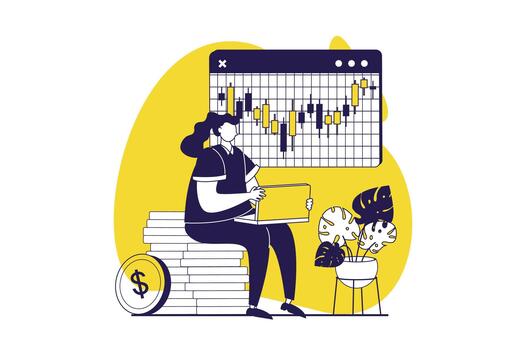 valores mercado web concepto con plano personas para sitio web diseño. mujer comercio y invertir dinero, analizando datos con bar cartas y informes, creando éxito estrategia para ingreso. ilustración. vector