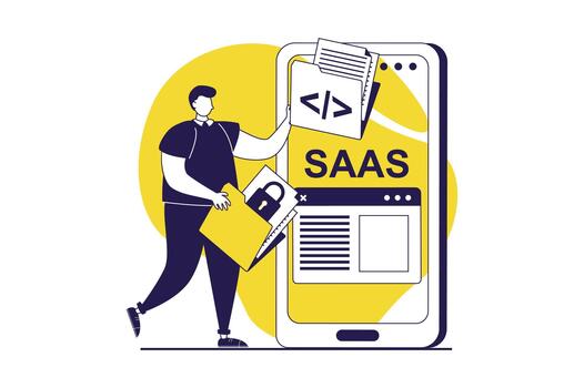 SaaS web concept with flat people for website design. Man using software as a service, interacting with cloud computing from mobile phone app, making online backup and sync. illustration. vector