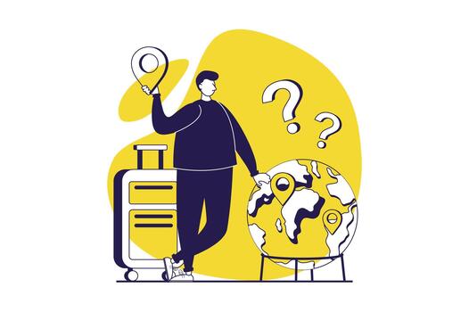 Travelling web concept with flat people for website design. Man with suitcase planning summer vacation or business trip, going in global travel, navigating routes with Earth map. illustration. vector