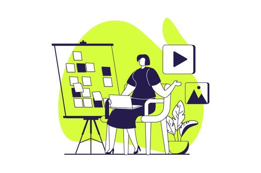 UI and UX designers web concept with flat people for website design. Woman creating layout interface for mobile application, building menu template and managing structure. illustration. vector