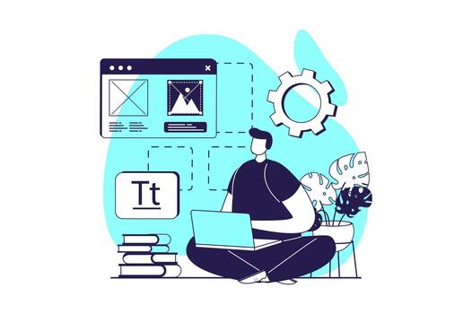UI and UX designers web concept with flat people for website design. Man working at laptop, creating layouts interfaces and menu for mobile application, doing wireframe template. illustration. vector