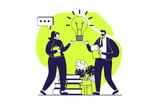 Teamwork web concept with flat people for website design. Woman and man brainstorming and generating new ideas, collaborating and achieving business goals, supporting in team. illustration. vector