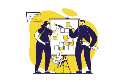Teamwork web concept with flat people for website design. Woman and man woking in team, making notes at board, brainstorming and generating ideas and innovations for project. illustration. vector