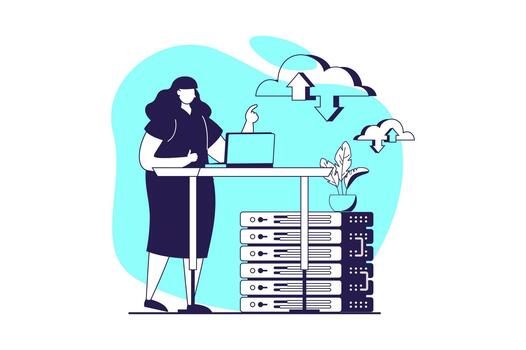 SaaS web concept with flat people for website design. Woman using software as a service, interacting with datacenter server with cloud computing, hosting and provider service. illustration. vector