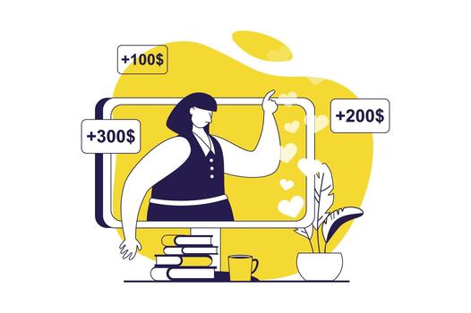 streaming web concept with flat people for website design. Woman broadcasting online and communicating virtually, followers watching and sending donate money to streamer. illustration. vector