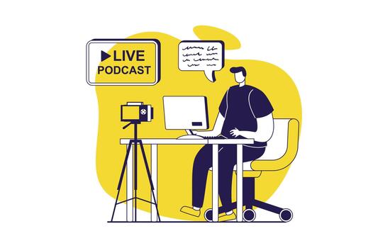 streaming web concept with flat people for website design. Man broadcasting online using camera and sitting desk, calling by and communicate at virtual meeting. illustration. vector