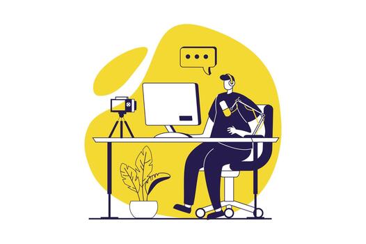 streaming web concept with flat people for website design. Man broadcasting online using camera and microphone, recording sitting desk, communicate with followers. illustration. vector