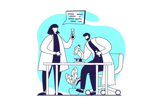 Science laboratory web concept with flat people for website design. Man and woman making scientific research in lab, team doing chemical tests in beaker flask and use microscope. illustration. vector