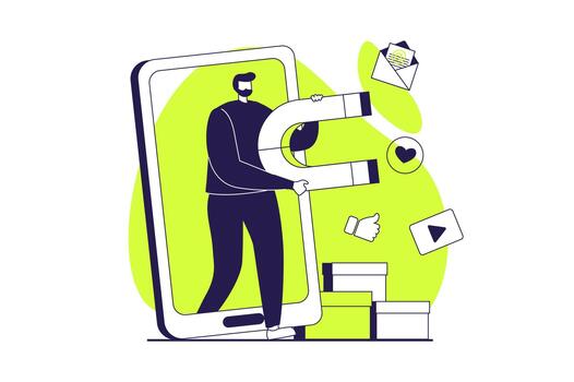 Social media marketing web concept with flat people for website design. Man with magnet creating content and making promotion campaign, attracting audience in mobile application. illustration. vector
