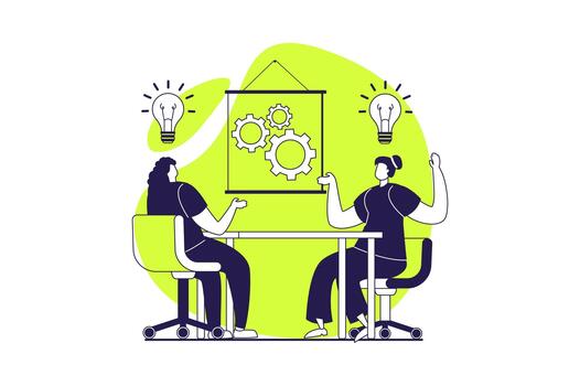 Teamwork web concept with flat people for website design. Businesswomen working in team, brainstorming, generating ideas, researching innovations for project at meeting together. illustration. vector