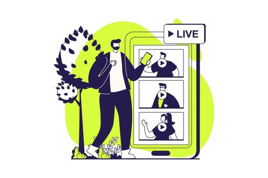 streaming web concept with flat people for website design. Man choosing broadcasting online, calling by to friends, communicate virtually in group by mobile app. illustration. vector