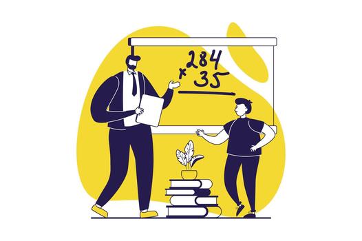 School teachers web concept with flat people for website design. Man works in school, teaching pupil at lessons by blackboard, explaining elementary math to schoolboy in class. illustration. vector