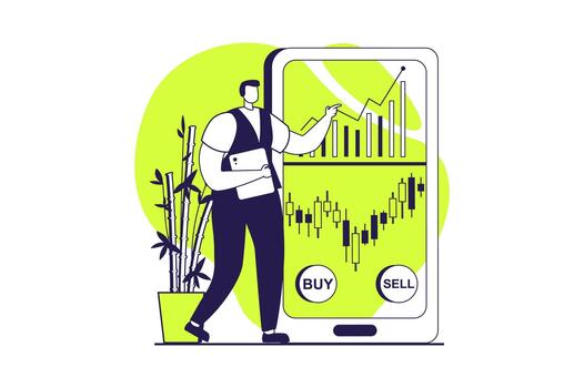 Stock market web concept with flat people for website design. Man trading and investing money in mobile app, analyzing data with bar charts, creating success strategy and earning. illustration. vector
