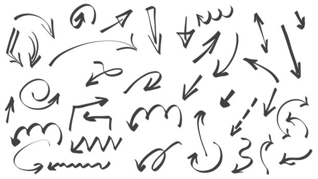 Arrow doodles graphic elements set. Collection of black thin hand drawn scribbles with curved, swirl, rotation, curl and other shapes marks, different directions scratch pointers. illustration. vector