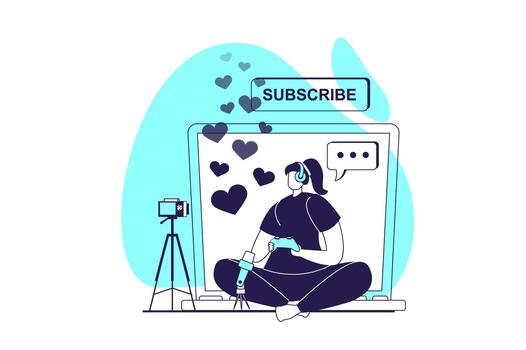 streaming web concept with flat people for website design. Woman gaming and broadcasting online using camera and microphone, recording with playing for followers. illustration. vector