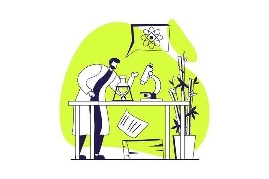 Science laboratory web concept with flat people for website design. Man making scientific research in lab, doing chemical reaction and tests in beaker flask and using microscope. illustration. vector