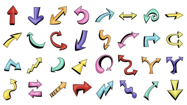 Comic style arrow graphic elements set. Collection of bright colorful moving symbols with down, up, swirl, curl and other shapes cursor marks, different directions pointers. illustration. vector