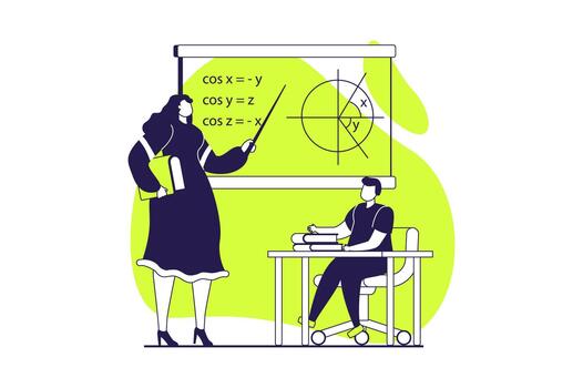 School teachers web concept with flat people for website design. Woman works in school, teaching pupils at lessons by blackboard, pointing math problems at chalkboard in class. illustration. vector