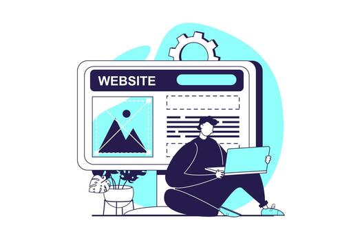 ui y ux diseñadores web concepto con plano personas para sitio web diseño. hombre trabajos a computadora portátil, creando sitio interfaz y móvil solicitud plantilla, edificio navegación a pantalla. ilustración. vector