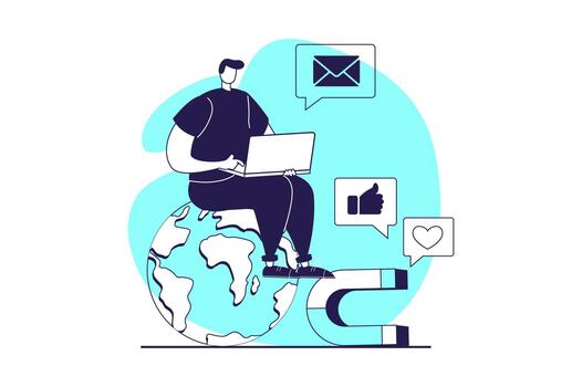 Social media marketing web concept with flat people for website design. Man making global advertisement campaign, creating digital content and promo emails, attracting clients. illustration. vector