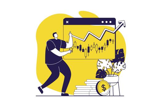 Stock market web concept with flat people for website design. Man analyzing financial statistics with bar chart at screen, forecasting market trends, buy or sell with strategy. illustration. vector