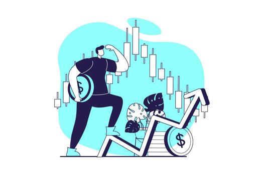 Stock market web concept with flat people for website design. Man investing money, analyzing data with bar charts, creating success strategy for trading, monitoring assets. illustration. vector