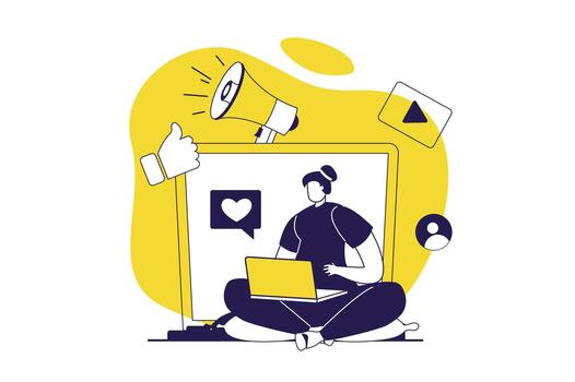 Social media marketing web concept with flat people for website design. Woman making promotion and advertisement, creating and digital content, attracting new clients. illustration. vector