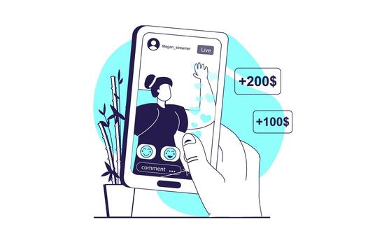 streaming web concept with flat people for website design. Woman broadcasting online, communicate with followers, user interacting with mobile app, sending donate money. illustration. vector