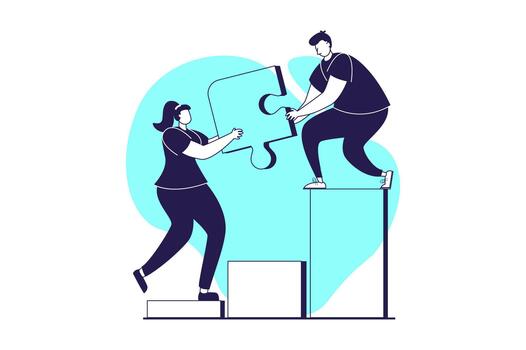 Teamwork web concept with flat people for website design. Businesswoman and businessman working in team, developing project with innovations, supporting and helping each other. illustration. vector