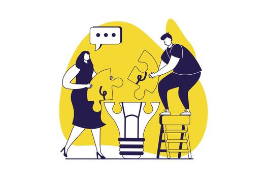 Teamwork web concept with flat people for website design. Woman and man brainstorming and solving puzzle, generating ideas, collaborating and finding solution for challenges. illustration. vector